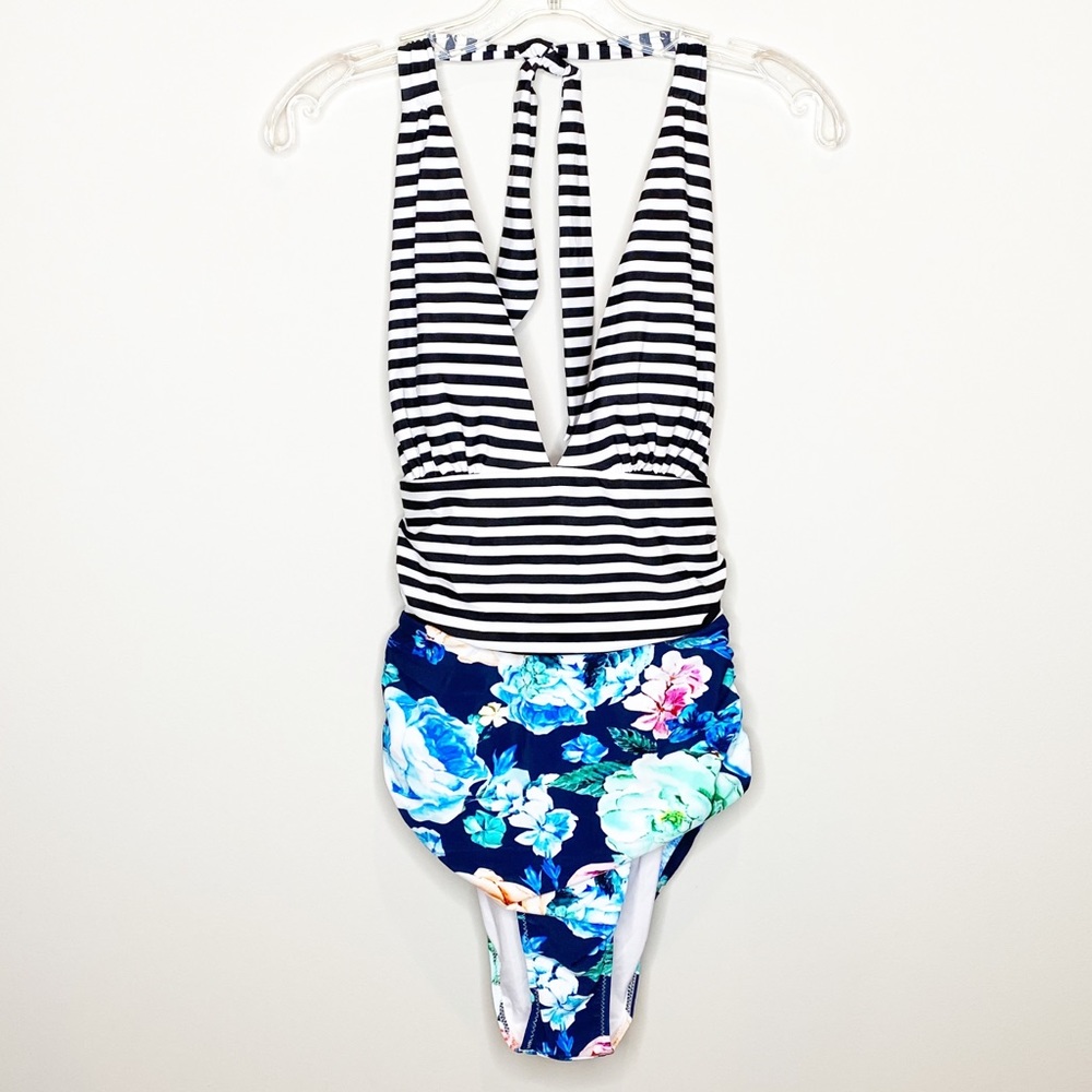 Cupshe 1 Piece Halter Bathing Suit Stripes Floral